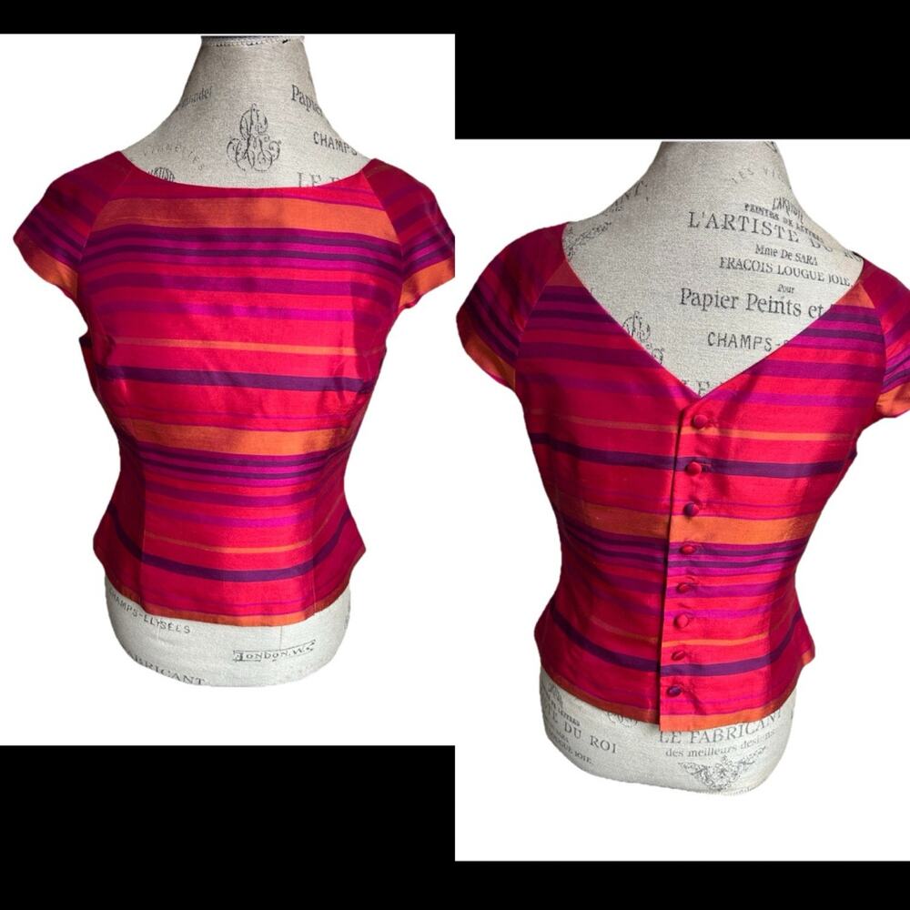 Bebe Y2K Silk Striped Button Back Top Womens M Pink Orange Fitted Colorful